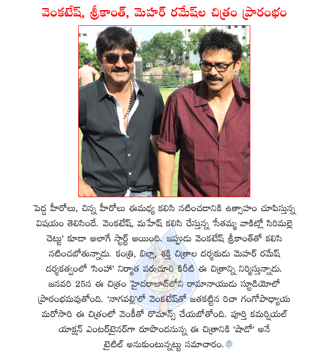 venkatesh latest movie,venkatesh and mehar ramesh combo movie,venkatesh and srikanth movie opening,venkatesh latest movie title shadow,richa gangopadhyaya with venaktesh again  venkatesh latest movie, venkatesh and mehar ramesh combo movie, venkatesh and srikanth movie opening, venkatesh latest movie title shadow, richa gangopadhyaya with venaktesh again